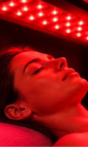 Primer plano de una paciente durante una sesión de luz roja