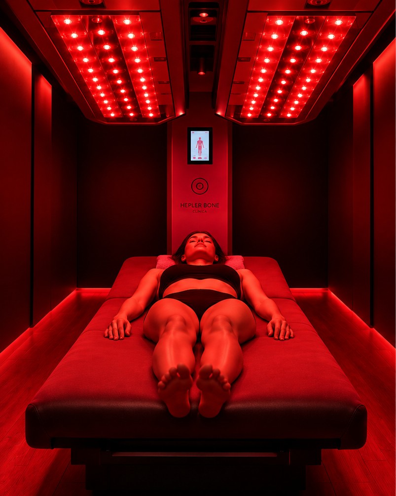 Cama de terapia con paneles de luz roja LED en la clínica